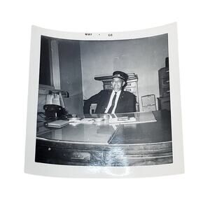 Vtg 1968 Monochrome Photography Conductor at Desk Working 3.5" x 3.5" Snapshot